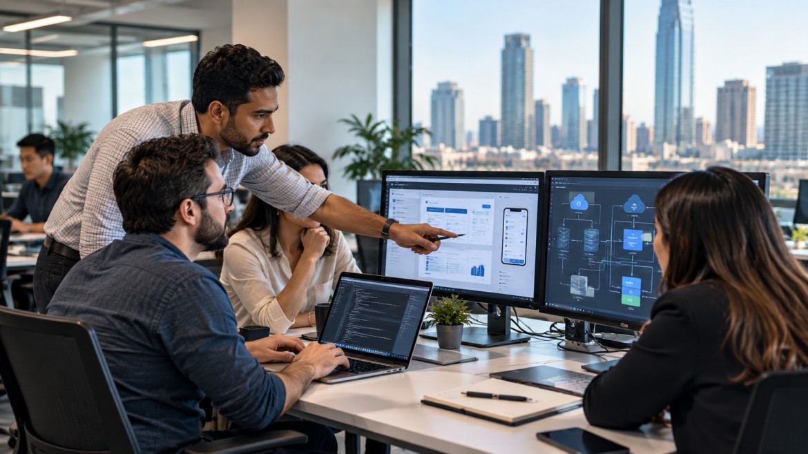 Software development team working on custom business applications