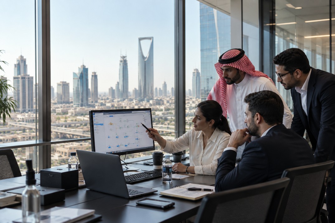 Saudi business team reviewing custom application development solutions in a Riyadh office